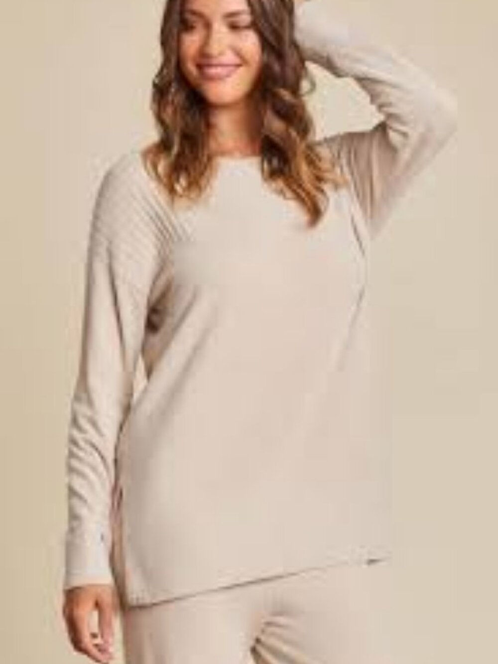 31 - NWT BAREFOOT DREAM COZYCHIC ULTRA LITE CRENECK WITH HIGH SLITS STONE - Picture 2 of 6
